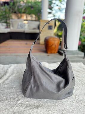 Eileen Fisher Gray Leather Slouchy Hobo Bag